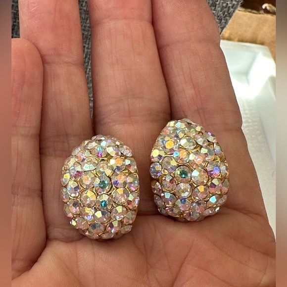 Gold tone Super AB Sparkle Rhinestone Clip Hoop Earrings - Picture 5 of 7